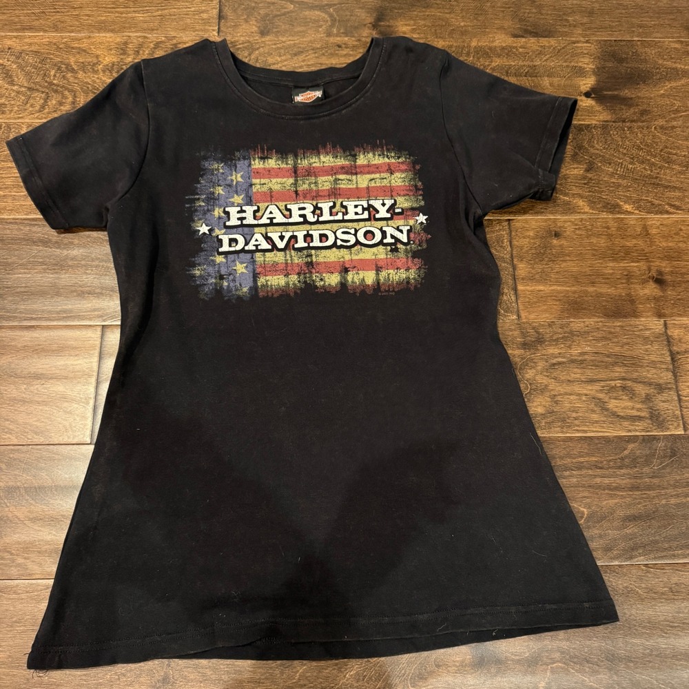 Womens Harley Davidson American Flag Graphic T Shirt‎ Black Rossiters Sarasota